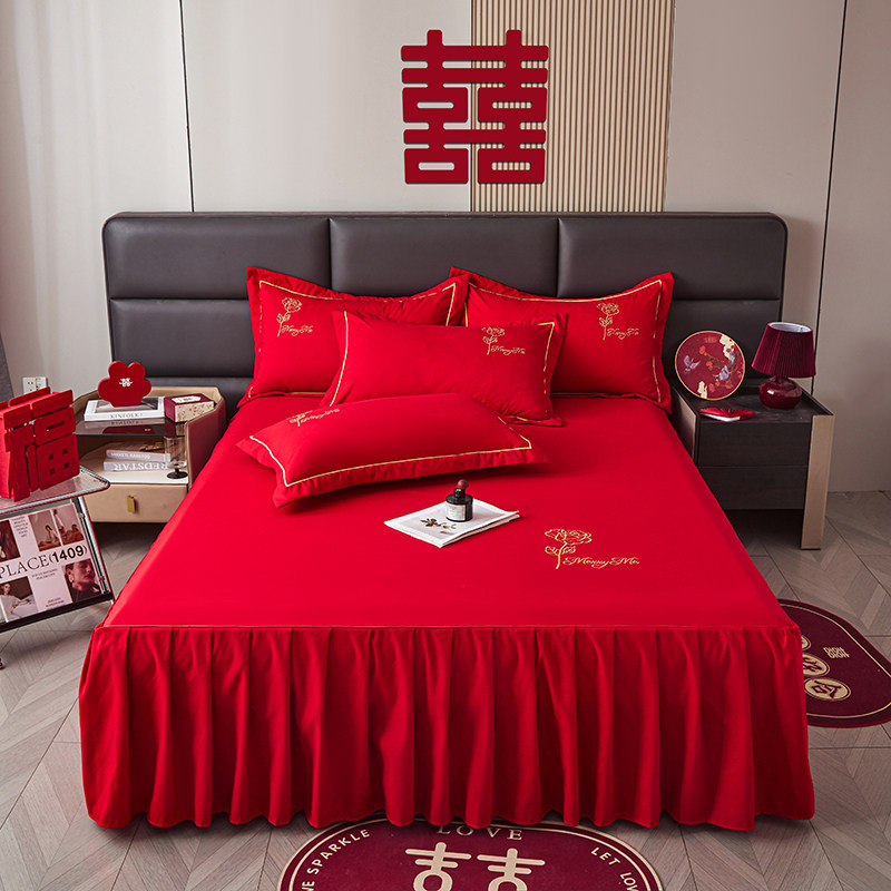 纯棉大红色中式婚嫁床裙单件婚庆结婚床罩枕套三件套全棉床品床套,淘宝优惠券,粉丝福利购,淘宝优惠卷