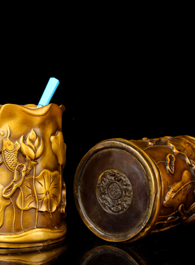 朴器 仿古色鱼戏莲叶间铜笔筒摆件高12厘米 铜荷花笔筒摆件