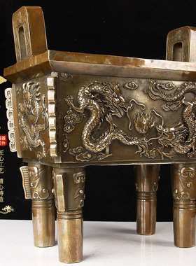 黄铜35号仿古铜双龙鼎摆件中式