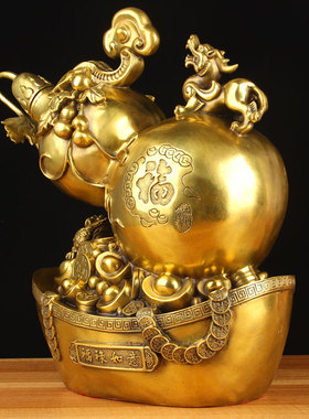 大号铜元宝驮金蟾葫芦貔貅如意摆件