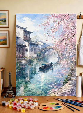 樱花古桥diy数字油画手工填色解压治愈系客厅卧室装饰挂画