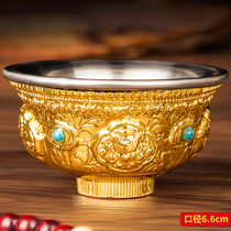 Buddhist Supplies Alloy GOLD EIGHT AUSPICIOUS WATER SUPPLY BOWL WATER SUPPLY CUP STAINLESS STEEL LINER SEVEN FOR BOWL 6 6cm Set