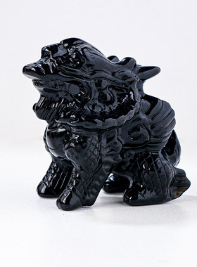 黑曜石麒麟摆件 水晶原石雕刻家居办公风水摆件 水晶工艺品批发