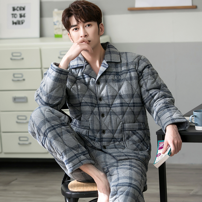 男士冬季纯棉夹棉三层加棉梭织睡衣 邦朵睡衣/家居服套装