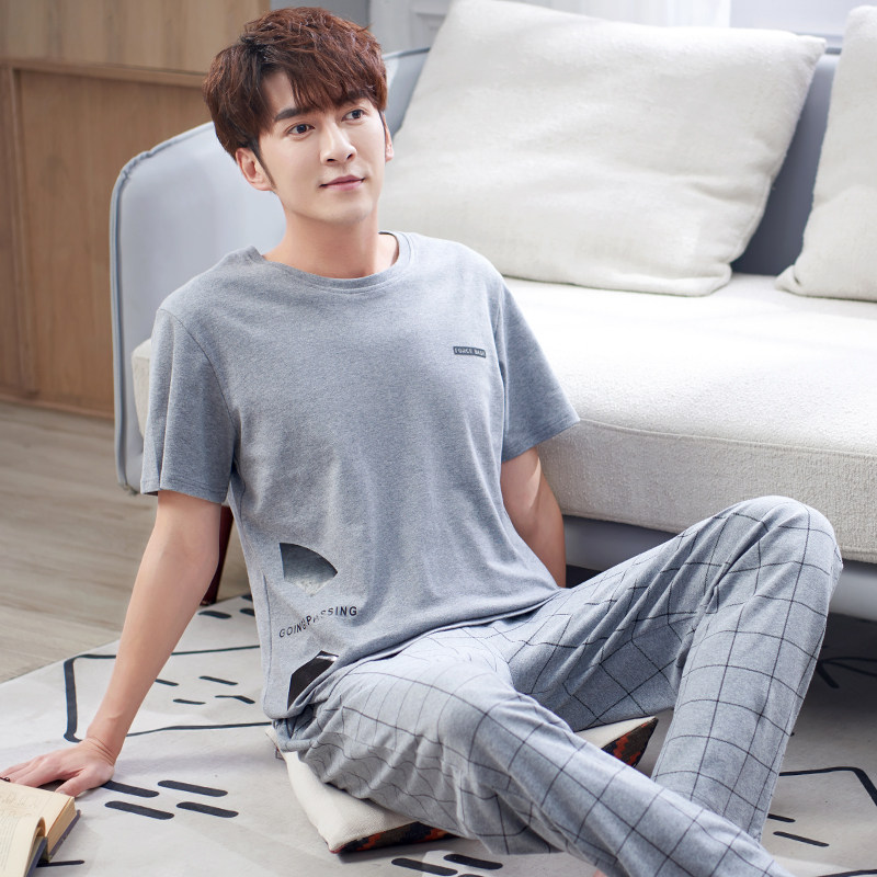 男士夏季纯棉短袖长裤男款宽松睡衣 邦朵睡衣/家居服套装