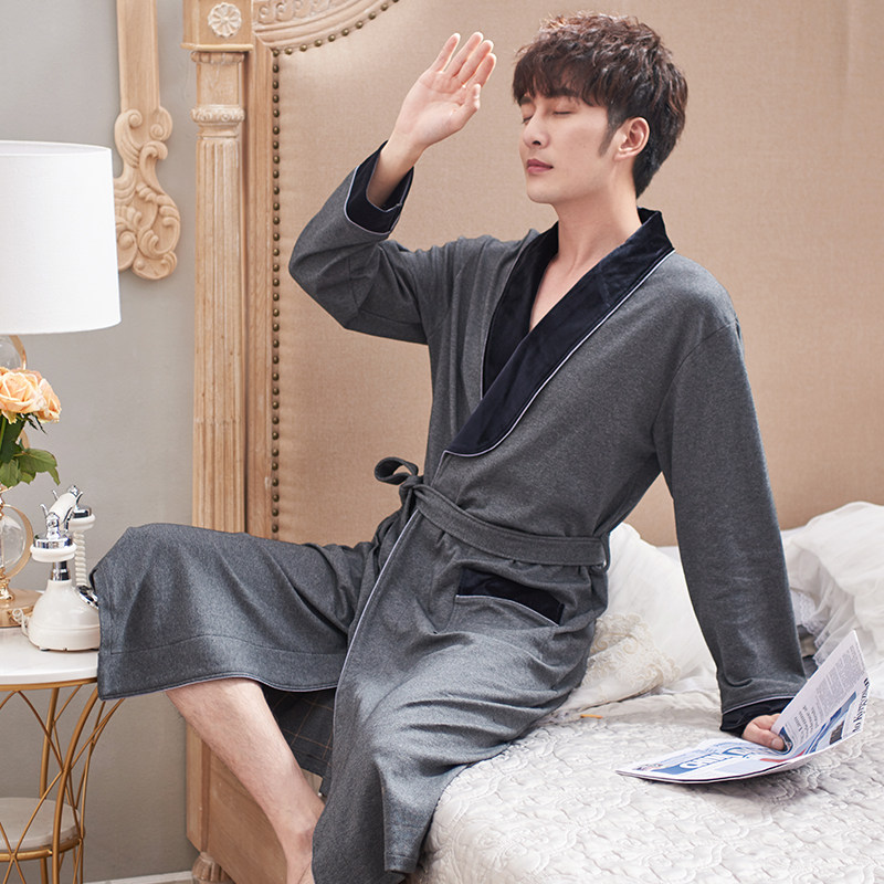 男士睡袍春秋款长袖纯棉加长款晨袍 邦朵睡袍/浴袍