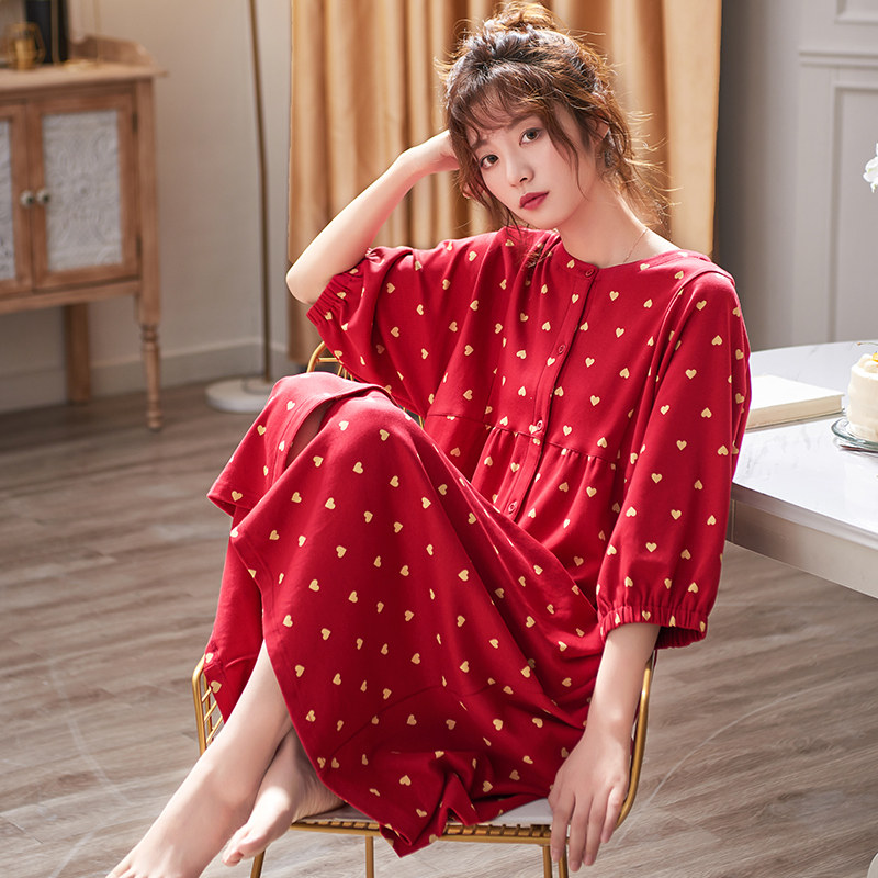 夏季纯棉中袖大红色本命年喜庆睡裙 邦朵睡裙