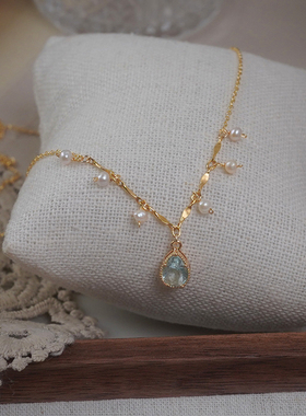 蓝水滴锆石珍珠项链宫廷风优雅女