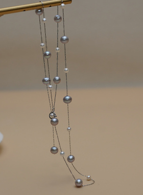 小众轻奢高级感时尚通勤灰白淡水珍珠长项链y字设计感锁骨链60152