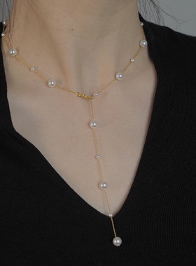 轻奢高级感大小珍珠长项链925银可调节满天星锁骨链日韩小众10413