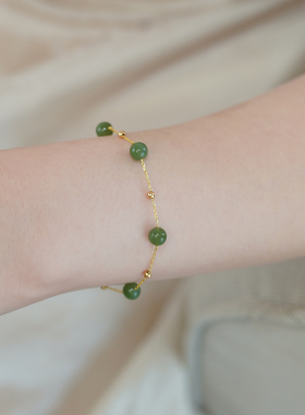 新中式清新复古设计感和田碧玉金珠手链925纯银小众手串女508123