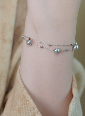 小众轻奢高级感灰珍珠银珠双层手链925纯银气质简约通勤手串50728