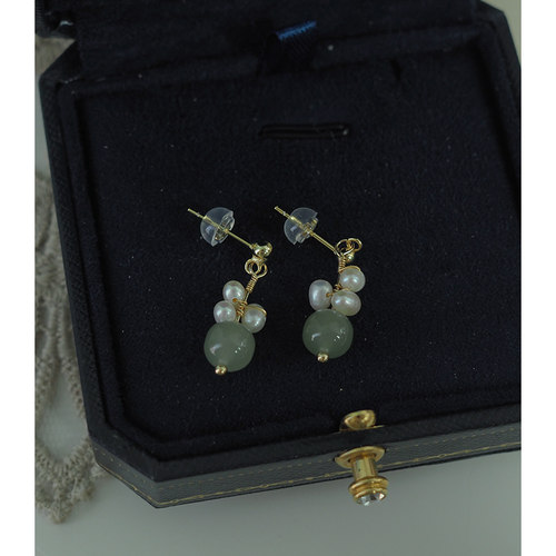 新中式小众和田玉绕珍珠金豆耳钉清新气质耳环古风耳饰轻奢101120 - 图1