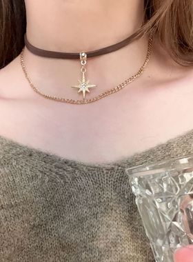 巴恩风项链棕色摩卡吊坠撞色丝绒颈带颈链项圈choker锁骨链项链女