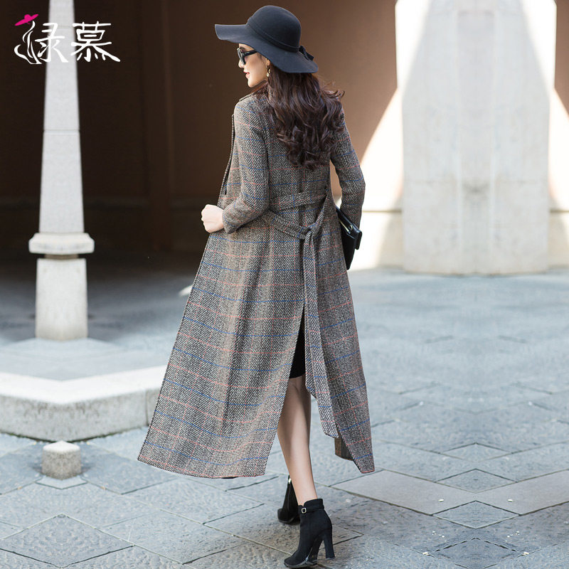 绿慕格子外套2019长款修身 绿慕毛呢外套