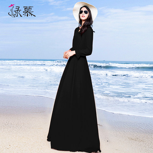 绿慕2026女新款春夏到脚踝雪纺连衣裙超长款大摆修身红色沙滩裙 - 图1