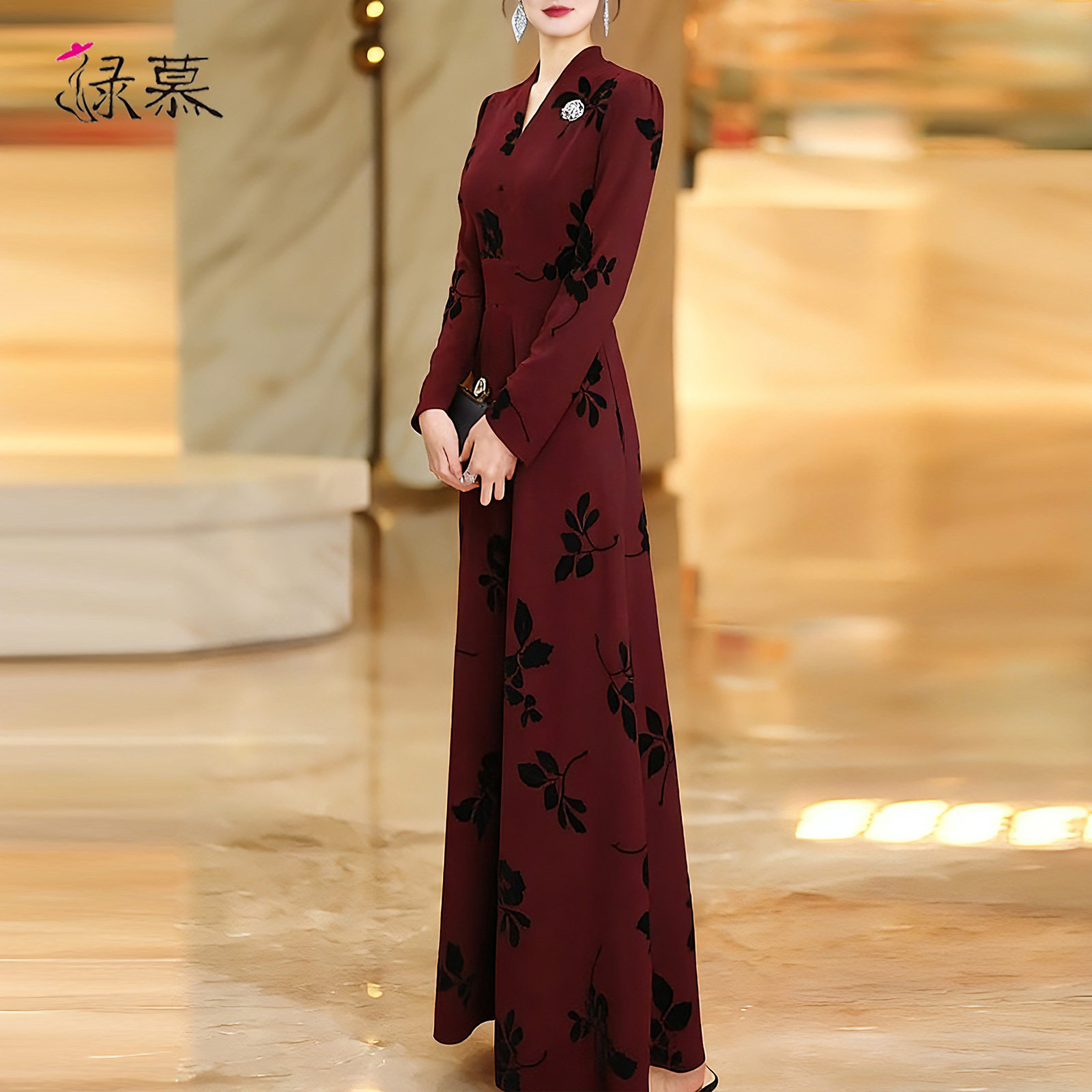 端庄大气长袖连衣裙春秋2025新款高级感酒红色气质显瘦秋冬长裙,淘宝优惠券,粉丝福利购,淘宝优惠卷