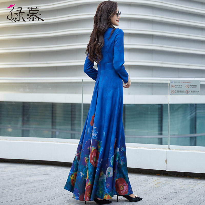 蓝色印花长袖高级感连衣裙女2021秋季新款收腰显瘦长款气质长裙子