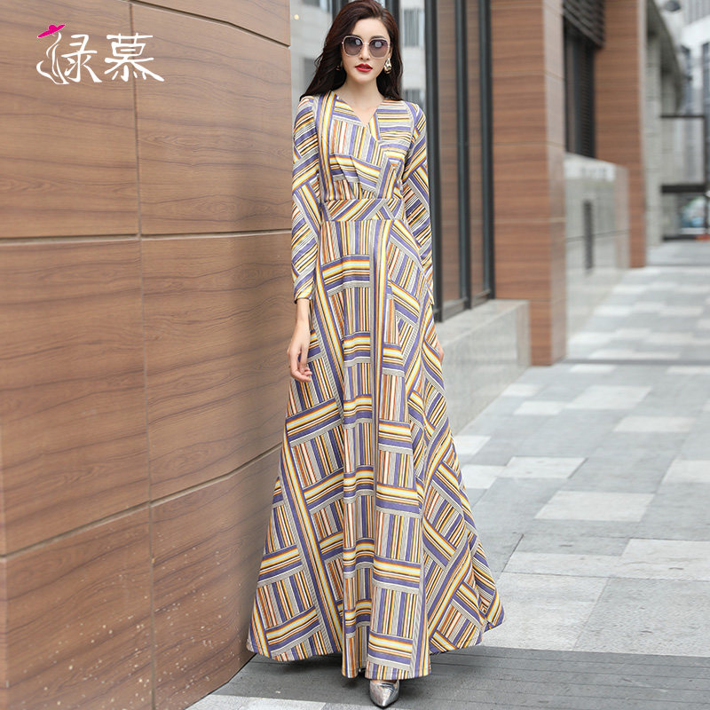 绿慕长款2021秋季新款千鸟格连衣裙 绿慕连衣裙