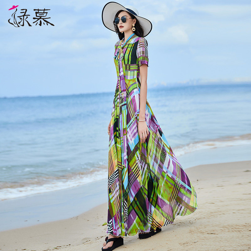 雪纺女长款2022春夏季新收腰长裙 绿慕连衣裙