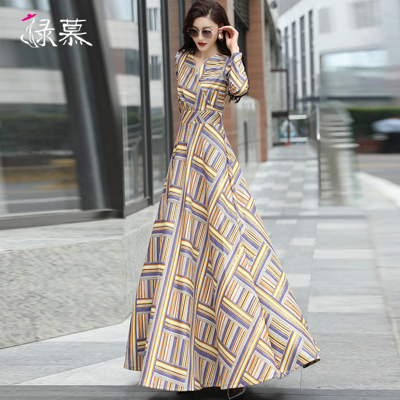 绿慕长款2021秋季新款千鸟格连衣裙 绿慕连衣裙