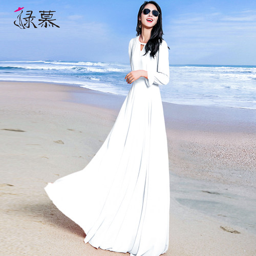 绿慕2026女新款春夏到脚踝雪纺连衣裙超长款大摆修身红色沙滩裙 - 图2