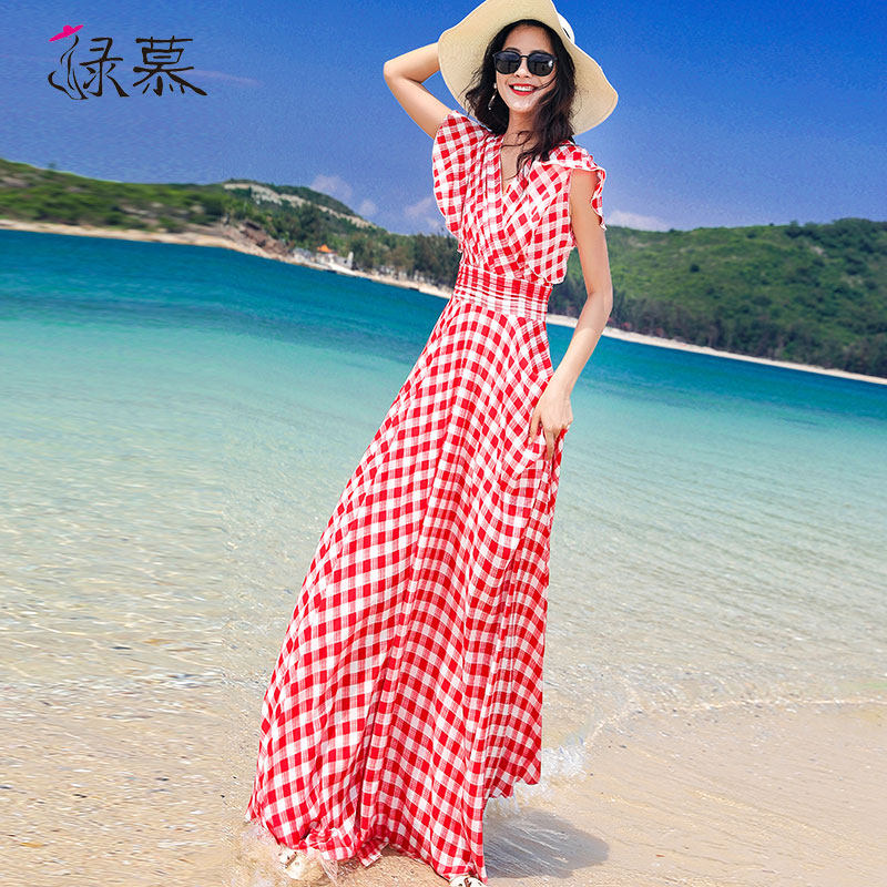 绿慕雪纺女格子2023新款短袖沙滩裙 绿慕连衣裙