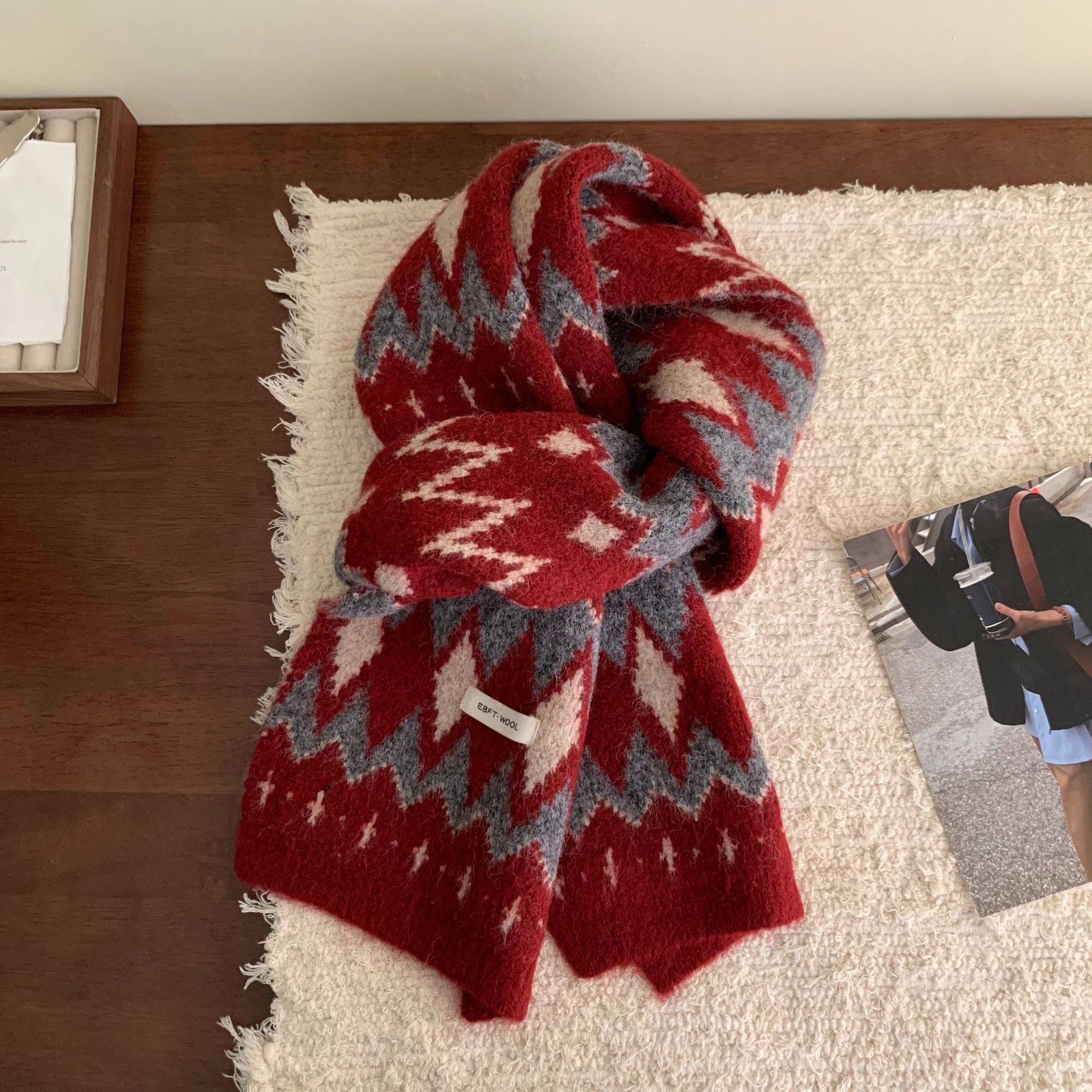 费尔岛风复古红色新年圣诞含羊毛针织围巾女秋冬保暖防寒护颈围脖,淘宝优惠券,粉丝福利购,淘宝优惠卷