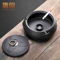 Tangxian Ceramic Ashtrays Home Living Room With Cover Anti Fly Ash Creative Covered Black Pottery Smoke Cylinder Office Pendulum