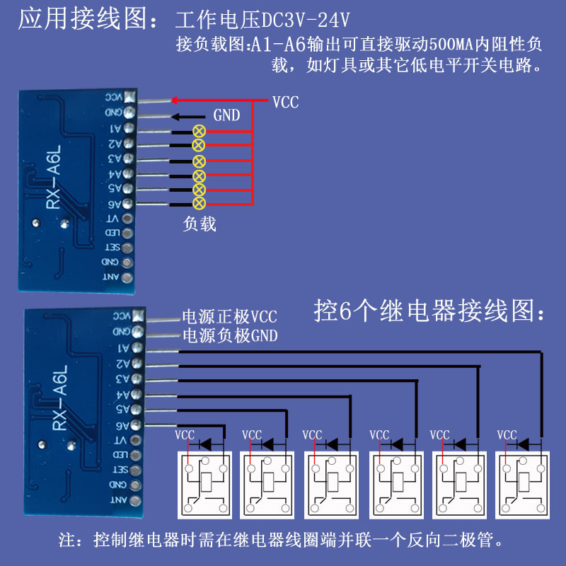 5V-24V6路433低电平遥控接收模块超外差高灵敏远距离无线接收板 - 图2