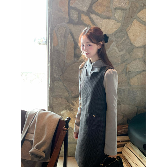 Peach <Shizuka Yuma> No change woolen dress women's plaid wool skirt