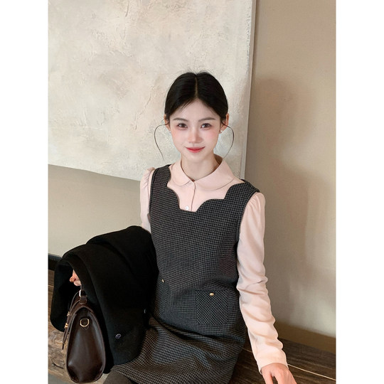 Peach <Shizuka Yuma> No change woolen dress women's plaid wool skirt