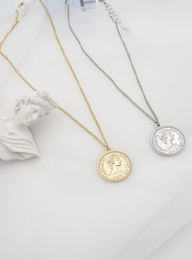 时尚项链女复古金币钱币吊坠欧美潮人冷淡风钱币ins长款锁骨链