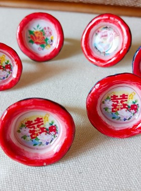 小众纯手工复古怀旧软陶“搪瓷”囍戒指