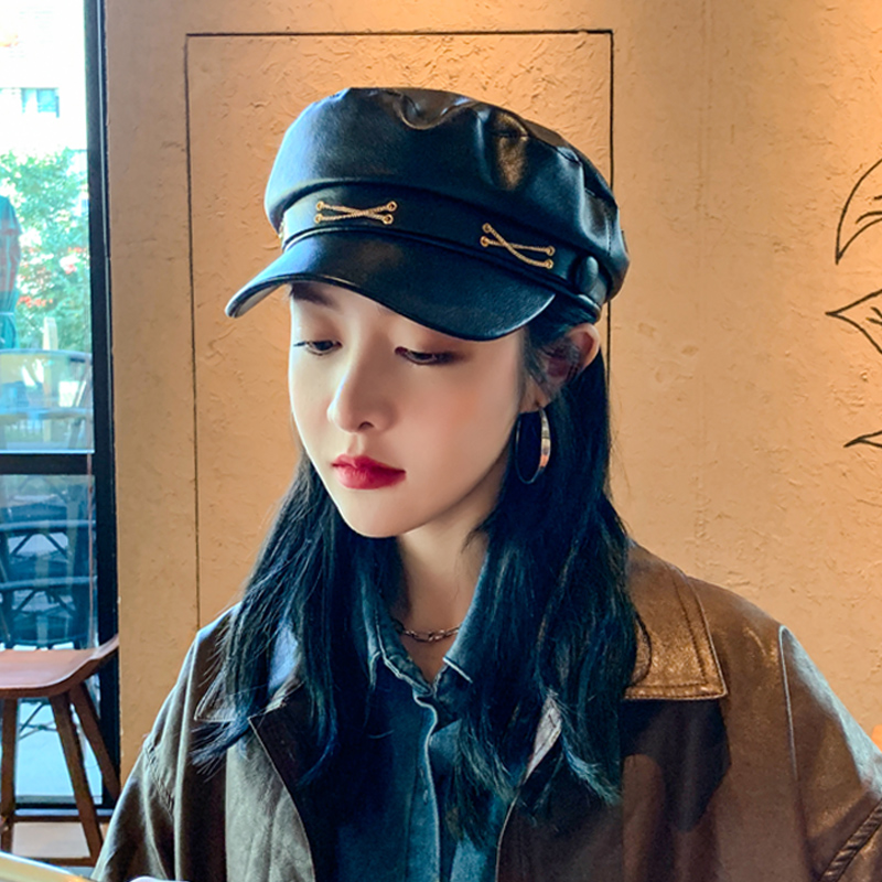 向朵旗舰店黑色八角帽英伦复古pu皮秋冬时尚显脸小皮帽子百搭鸭舌贝雷帽男女1