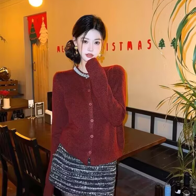 2025套装女装秋冬季小香风红色针织衫毛衣新年亮片裙子气质一整套,淘宝优惠券,粉丝福利购,淘宝优惠卷