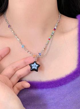 蓝色星星笑脸吊坠项链女轻奢