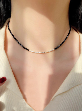 黑尖晶拼接碎银项链女2026新爆款