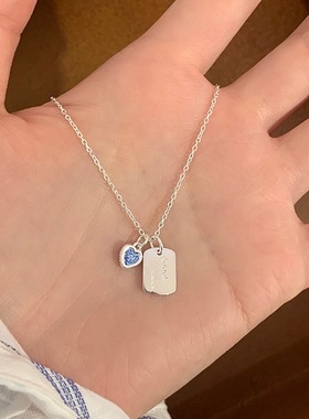 韩系蓝色爱心方牌项链