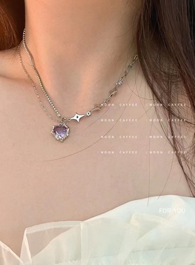 银神925银锆石项链双层爱心吊坠