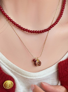 复古百搭红石榴圆珠吊坠项链锁骨
