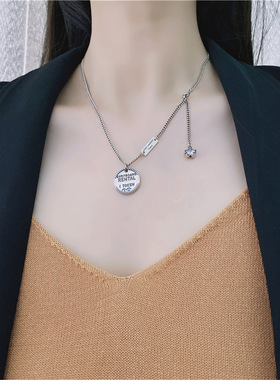 925纯银饰字母圆牌项链ins冷淡风女星星长款小众设计百搭复古简约