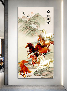 八骏图入户玄关装饰画竖版马到成功国画挂画八马奔腾图客厅自贴画