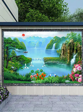 山水画聚宝盆流水生财自然风光仙鹤百财纳福中堂画客厅装饰自贴画