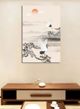 中式国潮仙鹤装饰贴画店铺办公室玄关挂画客厅古风松鹤延年自贴画