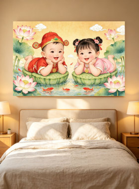 新款年画娃娃助孕备孕娃娃海报墙贴男女双胞胎龙凤胎床头画送子图