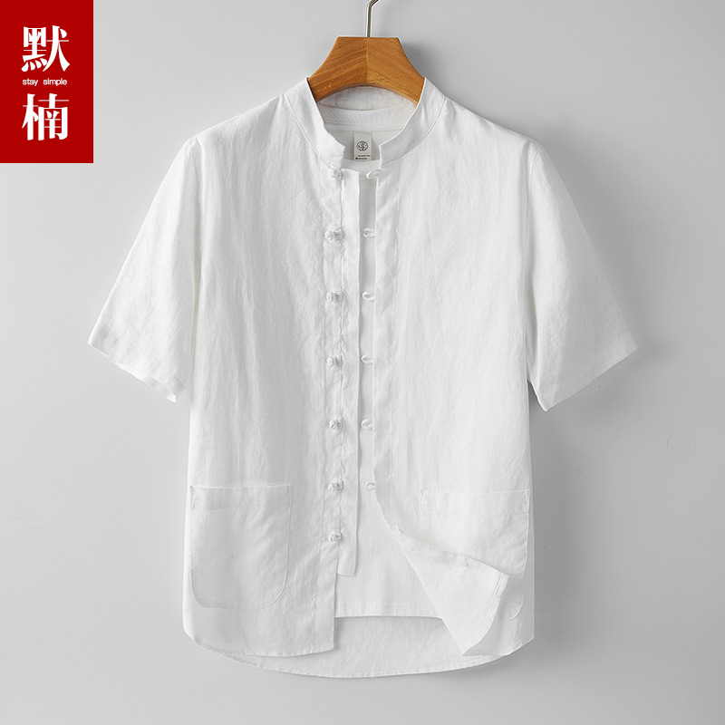 亚麻短袖衬衫男夏季薄款复古中式盘扣衬衣中年小立领麻料唐装上衣