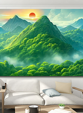 有山无水靠山画旭日东升背靠青山图办公室沙发客厅背景墙装饰壁画