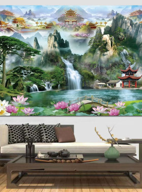 堂口供桌山水画佛仙堂无活物装饰画客厅亭子有山水自粘壁画背景墙
