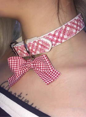 Y2K软妹可爱萝莉粉色菱格蝴蝶结项圈辣妹颈链choker皮质SM项圈女